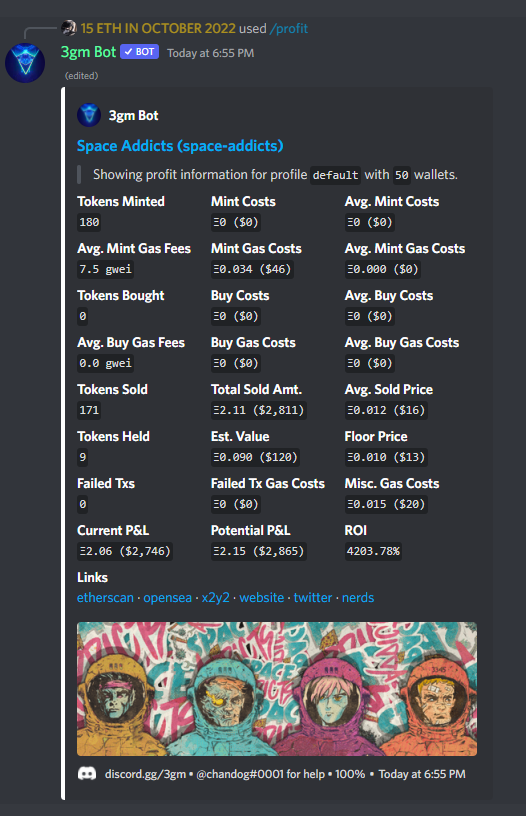 gs_alphagroup's tweet photo. GS Alpha made more than 10 ETH on
@SpaceAddictsNFT collection flip.
It was a free mint, 5 NFT per wallet, ATH floor - 0.02 each. Here are some screens of profit. Also, thanks
@3gmdev for such a convinient bot!
#gs_alpha #gsalpha #NFTs #success https://t.co/IV0b9nJ9rh