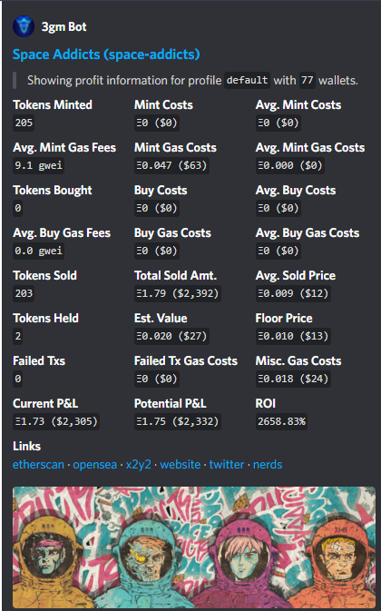 GS Alpha made more than 10 ETH on 
@SpaceAddictsNFT collection flip.

It was a free mint, 5 NFT per wallet, ATH floor - 0.02 each. Here are some screens of profit. Also, thanks 
<a href="/3gmdev/">3gm</a> for such a convinient bot!

#gs_alpha #gsalpha #NFTs #success
