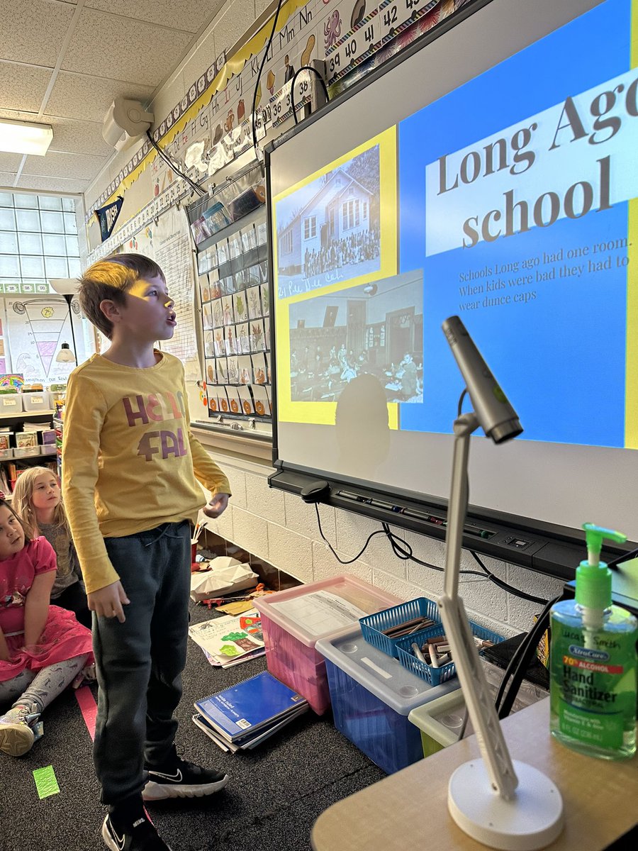 ahoysecondgrade's tweet photo. Today students shared out their long ago projects! We heard about school, transportation, clothes, and games long ago. Students used Google slides, paper dolls, models, posters, and diary entries to share. #engagingwork https://t.co/1dJsF4pVZJ