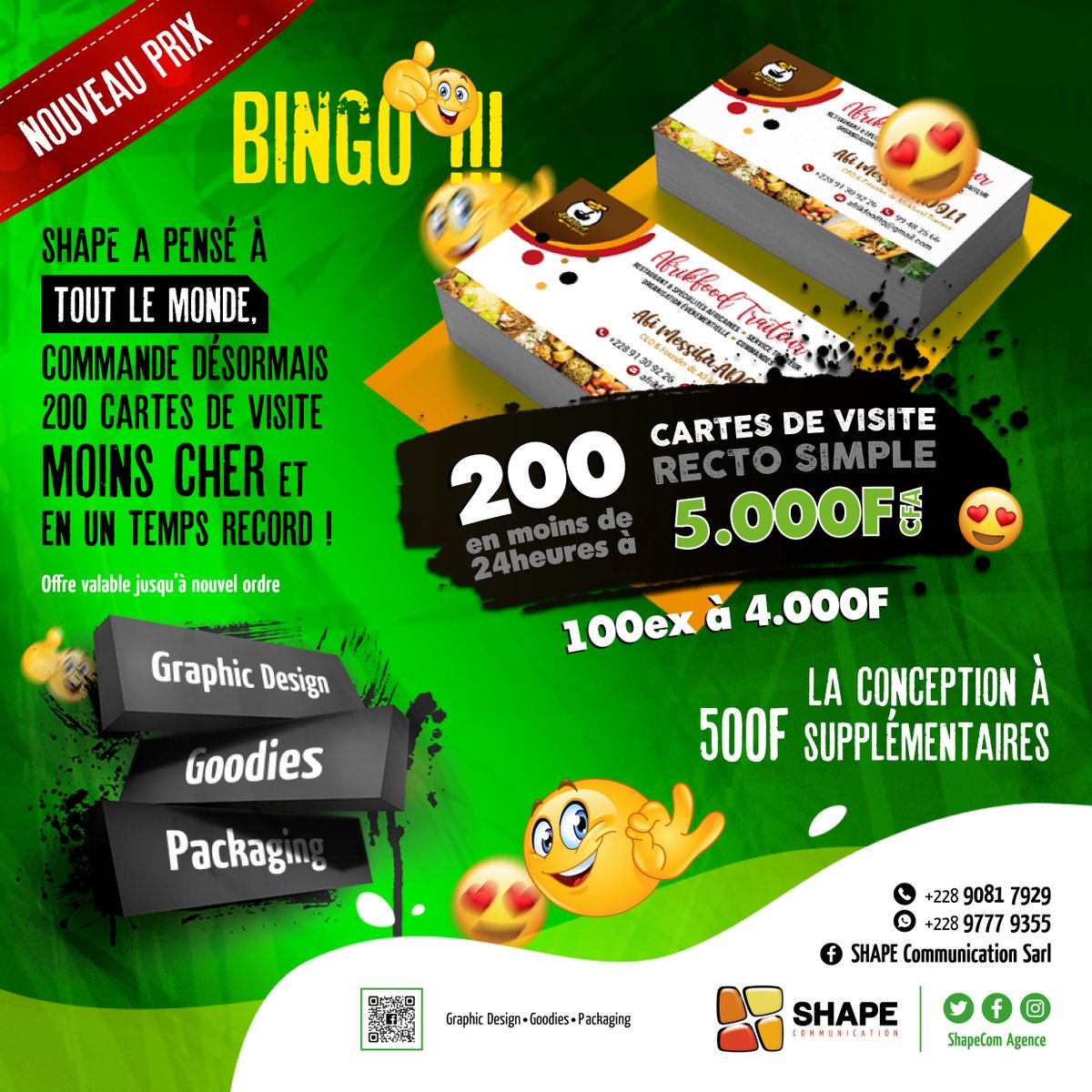 ShapeComAgence's tweet photo. 🛑 HELLO SHAPE LOVERS 🛑

SHAPE vous offre spécialement un NOUVEAU PRIX.
Désormais, commandez 200 exemplaires à 5 000 F 😍 et faites-vous livrer en moins de 24h👍🏽 et boostez vos activités.
Infos https://t.co/mKg0dDdVj6

#ShapeNews #200BizCards #LivraisonRapide https://t.co/7LTm3bH6DA