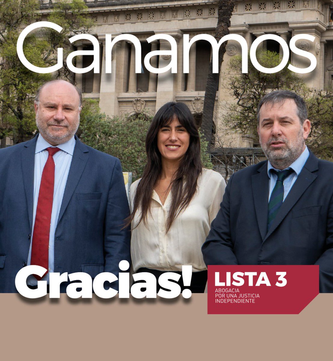 Muchísimas gracias a todas las abogadas y los abogados que trabajaron por los principios, ideas y valores que representamos desde la Lista 3. Hoy la abogacía dio un claro mensaje de qué modelo de justicia queremos. 💪💪💪