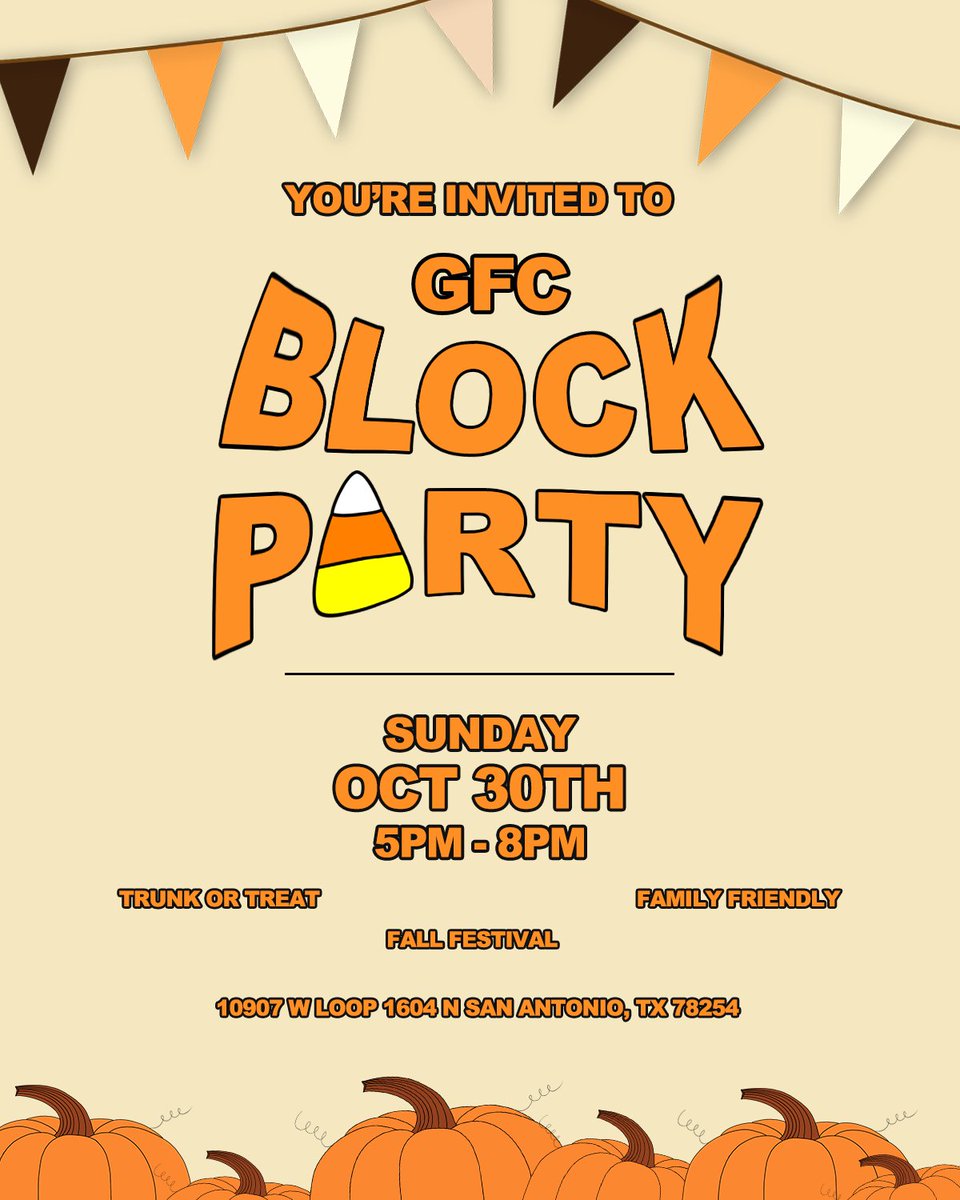 gatewaysatx's tweet photo. 𝗚𝗙𝗖 𝗕𝗟𝗢𝗖𝗞 𝗣𝗔𝗥𝗧𝗬 🎃🍂🍁✨
You’re invited to our GFC Block Party on October 30th from 5:00 PM - 8:00 PM!

Bring your family and friends for a fun night of trunk or treating, costumes, and fellowship!

You won’t wanna miss! We’ll see you there! 🎃 https://t.co/OdIkSViPnA