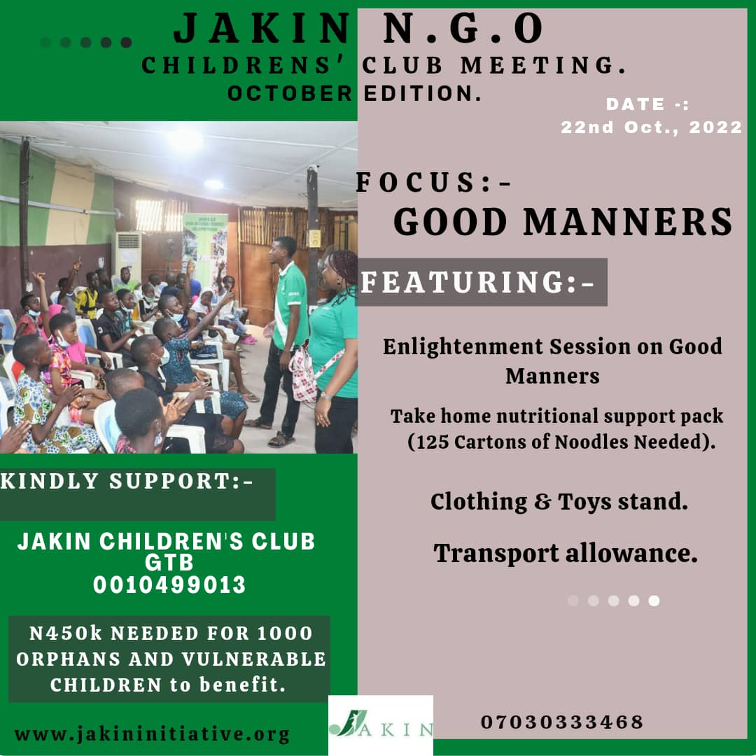 bukkyjakin's tweet photo. October 22nd edition of JAKIN N.G.O Monthly Children's Club meeting is set aside to train 1000 Orphans &amp; Vulnerable Children "Good Manners"
125 cartons of noodles needed Thank you. 
#kidsclub #orphan #support @jakin_ngo https://t.co/FNP9J34JQR