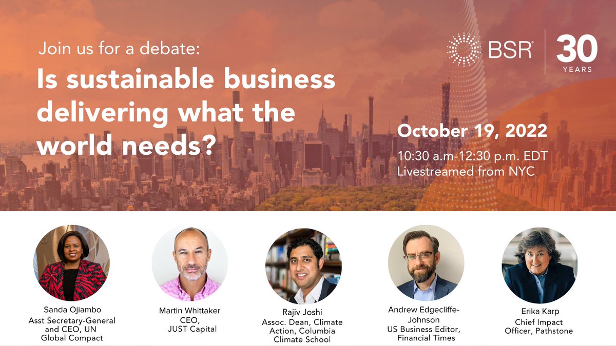 Is sustainable business delivering what the 🌏 needs ❓Join us as we debate this critical question facing sustainability leaders globally. 🗓 19 October ⏰ 10:30 a.m. EDT 📺 Register and watch live: 30.bsr.org #BSR30