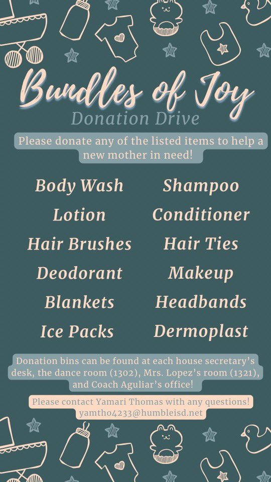 Please support your Lady Bulldogs in their community service project partnered with LBJ Hospital! We will be collecting donations until November 2nd for new mothers!👩🏻‍🍼🤩
<a href="/HumbleISD_SCHS/">Summer Creek High</a> <a href="/HumbleISD_Ath/">Humble ISD Athletics</a> <a href="/mariithomass/">yamari✨.</a> <a href="/schscrazies/">Creek Crazies</a> <a href="/StucoSchs/">SCHS StuCo</a> <a href="/schs_starlettes/">Starlettes ✨</a>