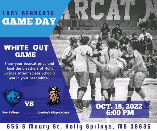 Rust_Athletics's tweet photo. βΌοΈπ IT'S GAME DAY πβΌοΈ
π #LadyBearcats take on #CrowleysRidge β
π TODAY, OCTOBER 18
βοΈ 6pm
π655 S. Maury Street
π Free Admission
π₯ Stream the game LIVE at https://t.co/AXqCT19HJS π
#RustCollege #RushToRust #RCAthletics #RCVolleyball https://t.co/rs4Rs8ad3W