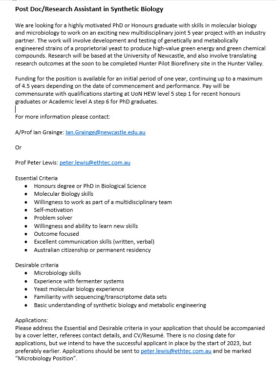 Position available: Post Doc/Research Assistant in Synthetic Biology at University of Newcastle. Metabolic engineering of yeast to produce high-value compounds. 5 year project with an industry partner. See below. Feel free to RT