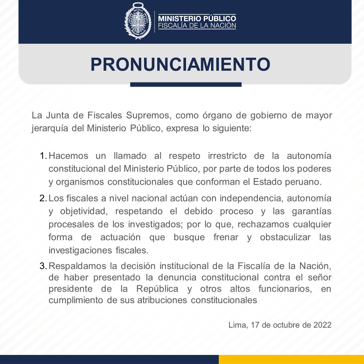🚨Pronunciamiento:
La Junta de Fiscales Supremos respalda la decisión institucional de la Fiscalía de la Nación de haber presentado una denuncia constitucional contra el Presidente y otros altos funcionarios; e hizo un llamado a respetar la autonomía del #MinisterioPúblico.