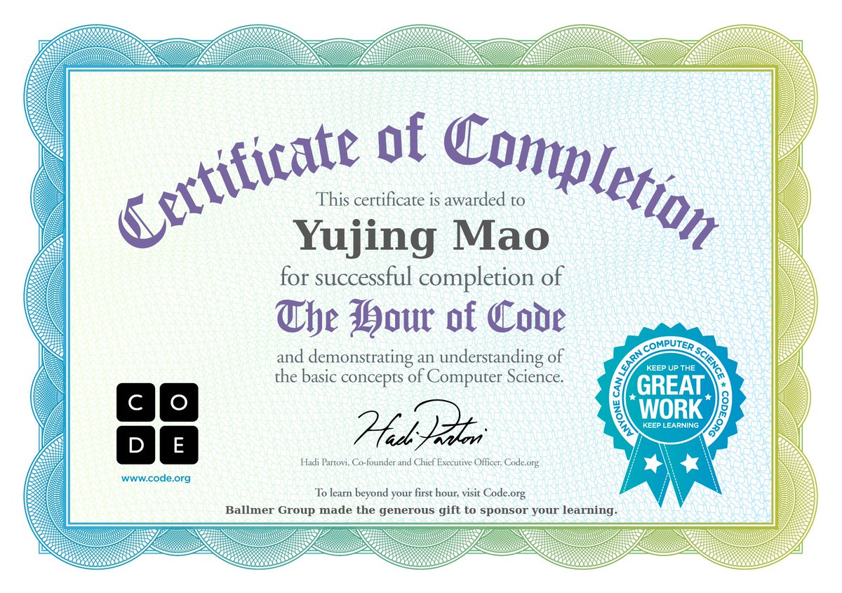 MaoYujing's tweet photo. #edpe640 I just did the #HourOfCode - check it out! (Thanks @apartovi for supporting @codeorg) /certificates/eyJuYW1lIjoiWXVqaW5nIE1hbyIsImNvdXJzZSI6ImZyb3plbiIsImRvbm9yIjoiQmFsbG1lciBHcm91cCJ9 https://t.co/ZQGq1X8Q2g