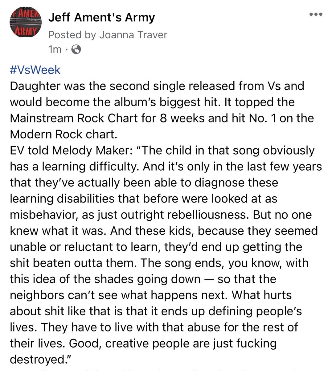 JeffAmentsArmy's tweet photo. #VsWeek
Daughter was the second single released from Vs and would become the album’s biggest hit. It topped the Mainstream Rock Chart for 8 weeks and hit No. 1 on the Modern Rock chart.
Eddie quote in pic below:
#pearljam #eddievedder @PearlJam @eddievedder https://t.co/7fQ6AtdmjE