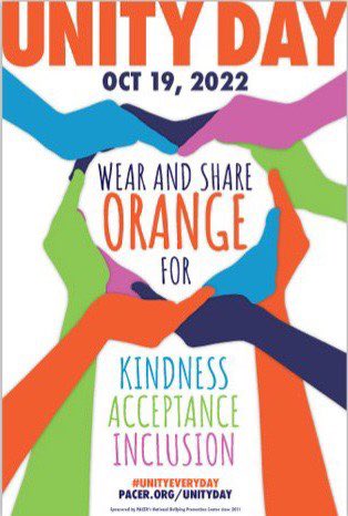 WJMitchellES's tweet photo. Join us TOMORROW as we stand against bullying 🧡🐾 

🗓 Wednesday 10/19/22 - wear ORANGE for Unity Day 
#CCPSUnityDay22 https://t.co/rBm8GWuOOJ