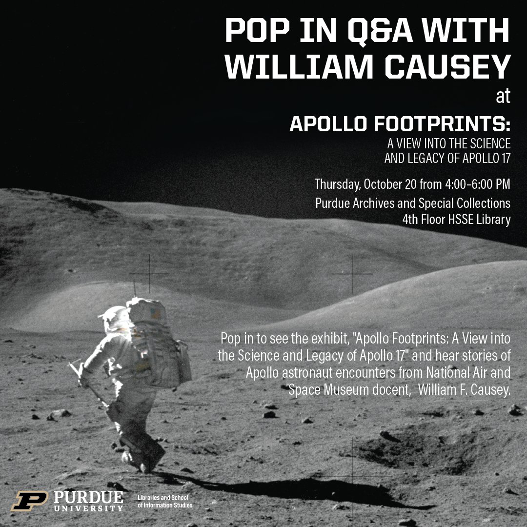 PurdueLibraries's tweet photo. Pop in to hear stories of Apollo astronaut encounters from National Air and Space Museum docent, William F. Causey at the exhibit, "Apollo Footprints: A View into the Science and Legacy of Apollo 17".
The exhibit will be on display through the Fall 2022 semester! https://t.co/8aMwBYGIXu