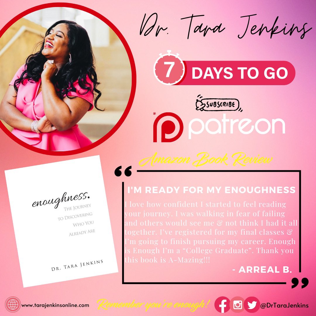 DrTaraJenkins's tweet photo. In just 6 days you can connect with me and receive some amazing content on Patreon. Patreon is a way for me to connect with each of you exclusively and share. Check out this testimonial on my book Enoughness. Available on https://t.co/kj1PeFBIwD
#drtara #enoughness #patreon https://t.co/AE0ZbearV2