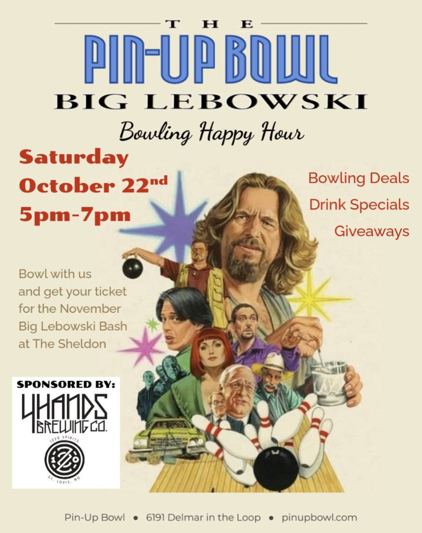 Join us this Saturday from 5pm-7pm for our Big Lebowski Happy Hour! Enjoy an amazing Big Lebowski inspired craft cocktail and bowl for only $3 per person per game! 🎳

This event is sponsored by @4HandsBrewingCo and @1220spirits