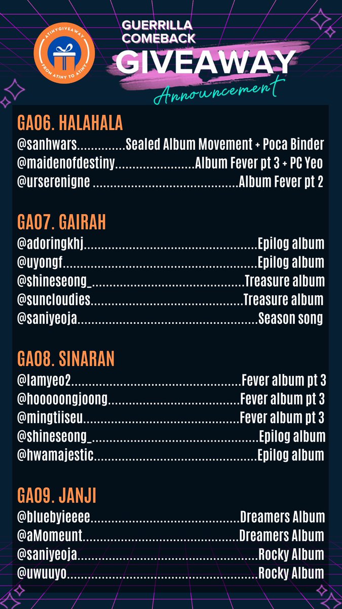 atinygiveaway's tweet photo. 📢ATEEZ GUERRILLA COMEBACK GIVEAWAY ANNOUNCEMENT

Congratulation untuk para pemenang! Please DM us to claim your prize 🫶 https://t.co/k7aqdCEwmy