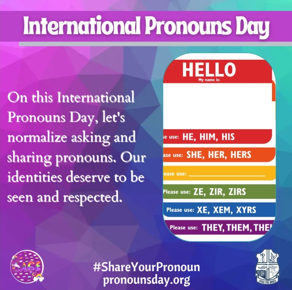 Today is #InternationalPronounsDay. My preferred pronouns are she/her. Let's normalize asking and sharing pronouns. Identities deserve to be seen and respected. 🏳️‍🌈🏳️‍⚧️ ❤️
To learn more visit pronounsday.org
#ShareYourPronoun #sage4ND #ThisIsND #ocsbPride @NotreDameOCSB