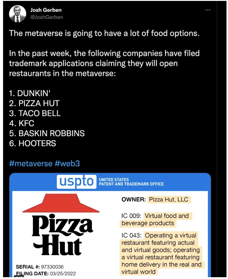 Major food brands seem to be indicating that they plan to launch virtual food, drink and restaurant services in the future.
🔥Join Discord #MetaSpacecy - NFTs in the #Metaverse: bit.ly/MetaSpacecy
#metaverse #Web3 #Web3Commuinty  #NFTs