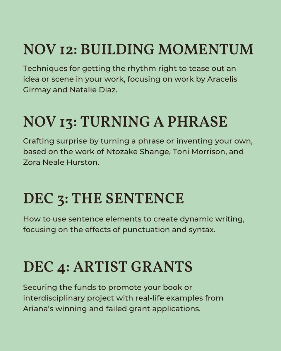 arianathepoet's tweet photo. Hi I’m Ariana, a queer Black poet w/ 13 yrs experience teaching poetry. I’m teaching a virtual writing class called What Your MFA Didn’t Teach You, focusing on skill building for writers of all genres. Nov &amp; Dec classes available. Info below. Please RT!

https://t.co/eBTVCJ92rW https://t.co/cljb1oikIx