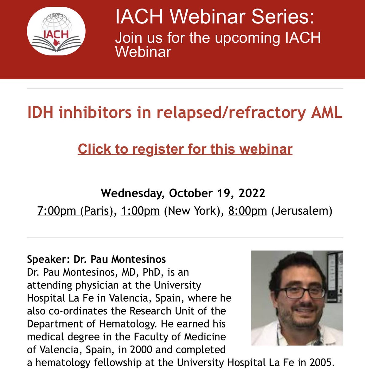 Mohamad Mohty (@mohty_ebmt) on Twitter photo Today’s webinar by <a href="/TheIACH/">IACH</a> - Always promoting cutting-edge topics and top speakers. FREE registration: us06web.zoom.us/webinar/regist…
<a href="/AML_Hub/">AML Hub</a> @HealthTreeAML <a href="/HospitalLaFe/">HospitalLaFe</a> <a href="/AcuteLeuk/">Acute Leukemia Advocates Network (ALAN)</a> <a href="/SFGM_TC/">SFGM-TC</a> <a href="/AIHemato/">Association des Internes en Hématologie</a> <a href="/FrequenceMedica/">FrequenceMedicale</a> Today’s webinar by <a href="/TheIACH/">IACH</a> - Always promoting cutting-edge topics and top speakers. FREE registration: us06web.zoom.us/webinar/regist…
<a href="/AML_Hub/">AML Hub</a> @HealthTreeAML <a href="/HospitalLaFe/">HospitalLaFe</a> <a href="/AcuteLeuk/">Acute Leukemia Advocates Network (ALAN)</a> <a href="/SFGM_TC/">SFGM-TC</a> <a href="/AIHemato/">Association des Internes en Hématologie</a> <a href="/FrequenceMedica/">FrequenceMedicale</a>