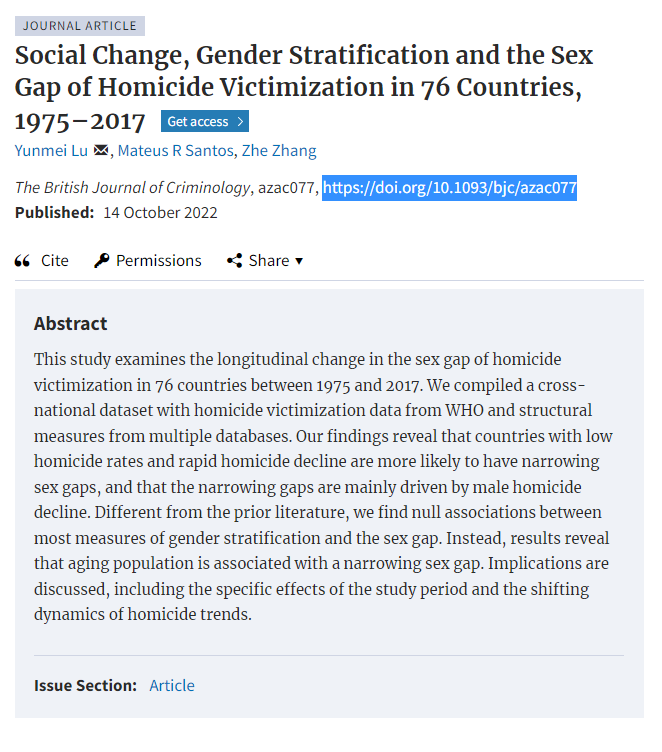 Yunmei (Iris) Lu (@yunmeilu) on Twitter photo Our latest study, with <a href="/MatSantos7/">Mateus R. Santos</a> and UB graduate student Zhe Zhang, is now published in British Journal of Criminology. We examine the longitudinal change of the homicide sex gap in 76 countries between 1975 and 2017.
doi.org/10.1093/bjc/az… Our latest study, with <a href="/MatSantos7/">Mateus R. Santos</a> and UB graduate student Zhe Zhang, is now published in British Journal of Criminology. We examine the longitudinal change of the homicide sex gap in 76 countries between 1975 and 2017.
doi.org/10.1093/bjc/az…