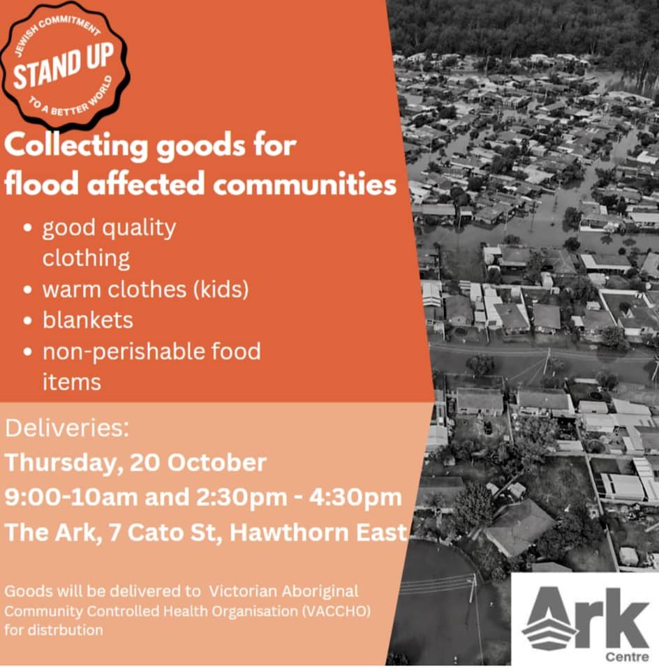 The JCCV remains concerned about the ongoing flood crisis in many Victorian communities. For those in a position to assist, JCCV affiliate Stand Up is collecting supplies to distribute to First Nations peoples impacted by this natural disaster.