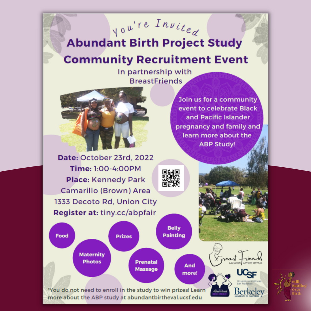 Join us for a Community event to celebrate Black and Pacific Islander pregnancy and family and
learn more about the Abundant Birth Project Study!
.
.
.
📆October 23rd, 2022  (1:00 - 4:00 PM)
at Kennedy Park Camarillo (Brown) Area 1333 Decoto Rd. Union City

Register NOW! 

#abu