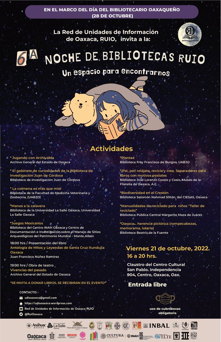 AGEO_GobOax's tweet photo. Te compartimos el programa de actividades de la "6ta Noche de Bibliotecas #RUIO". La cita es mañana 21 de octubre a partir de las 16:00 hrs. en el @fahho_sanpablo . ¡No faltes! https://t.co/gwhJhc67Bb