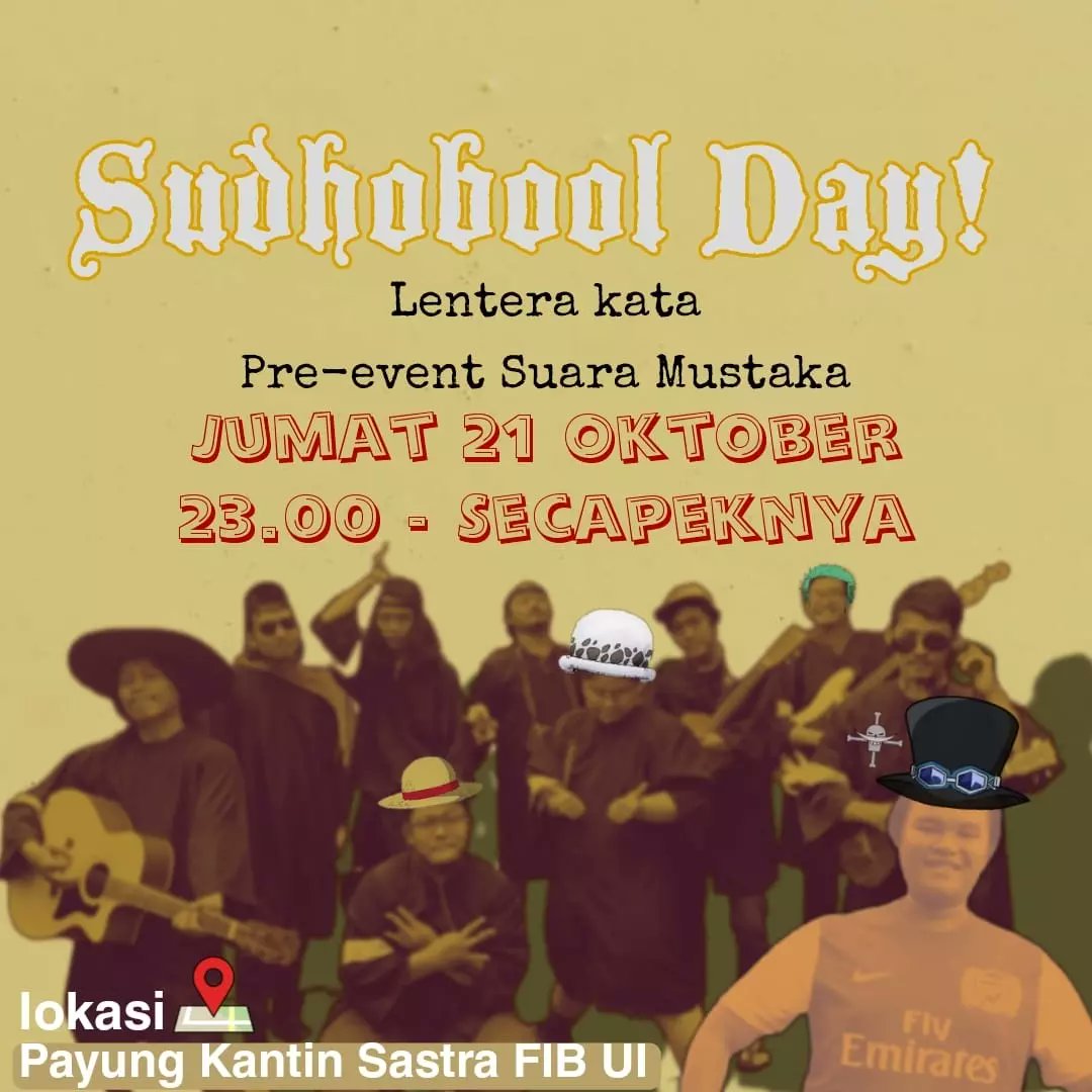 sudhobool's tweet image. SUDHOBOOL DAY!
Mari berpesta lagi bersama Sudhobool!
Siapkan energi yang banyak karena kita akan mengisi acara pada hari Jumat, 21 Oktober 2022 di Kantin Sastra FIB UI!
Sekali lagi, siapkan energi yang banyak karena Sudhobool akan on stage pukul 23.00!

#sudhobool #sudhoboolday