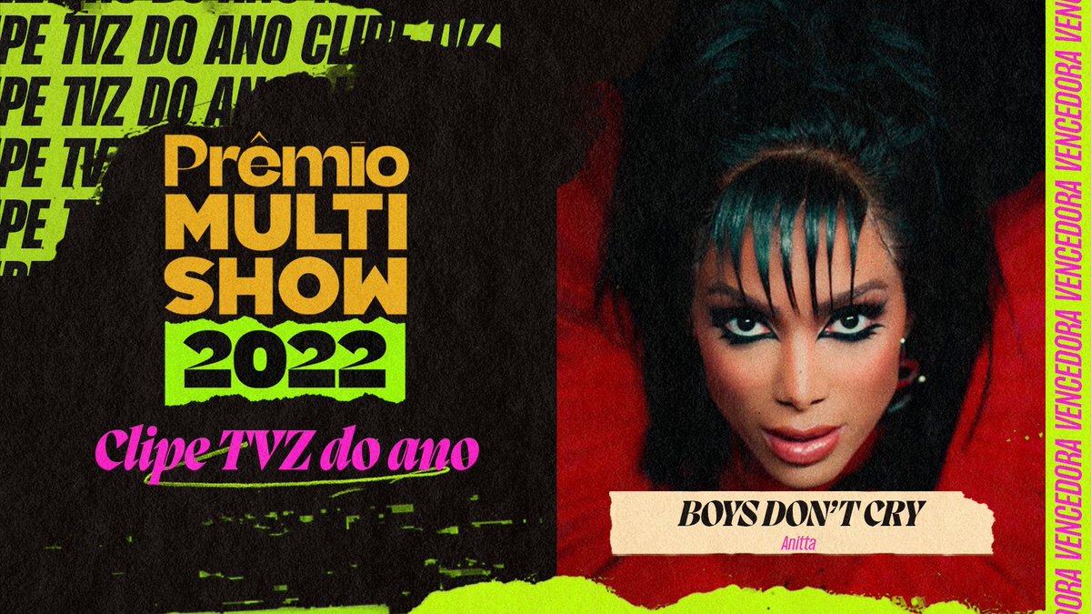 AnittaMSPanishh's tweet photo. "Boys Don't Cry", de @anitta gana la categoría 'VideoClip del año de TVZ':
 #PrêmioMultishow ￼ https://t.co/FADvDxmB5i