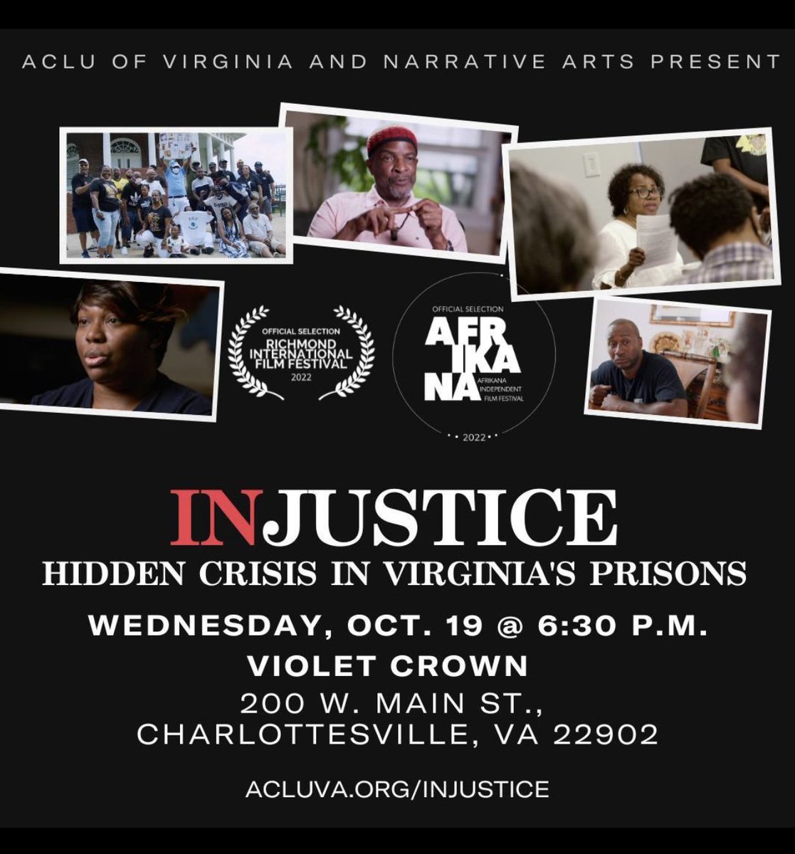 CVILLE! Join us @ACLUVA Wed. 10/19, 6:30pm at the Violet Crown theater on the Downtown Mall for a free screening of 'InJustice: Hidden Crisis in Virginia's Prisons,' followed by a brief panel discussion—No RSVP needed. You can watch the film trailer at acluva.org/injustice.⁠