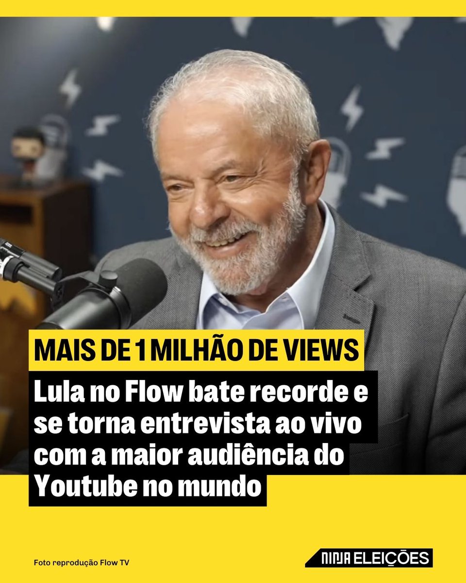MidiaNINJA's tweet photo. Recorde mundial! A entrevista de Lula no Flow rendeu marcas históricas para o ex-presidente. Com mais de 1 MILHÃO de pessoas assistindo simultaneamente o programa, essa é a entrevista ao vivo com a maior audiência da história do YouTube em todo o mundo!
#LulaNoFlow https://t.co/oNDM64QYd4