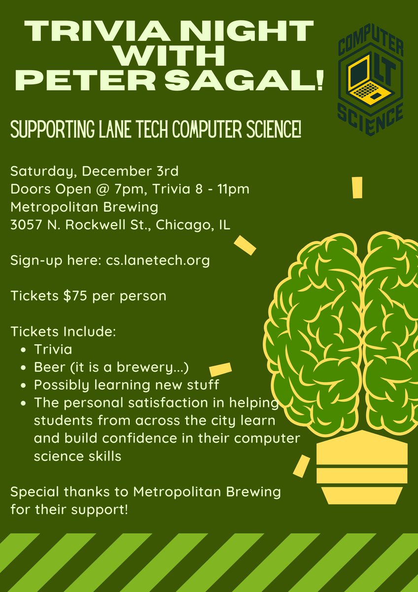 Lane Tech Comp Sci (@lanetechcompsci) on Twitter photo Ever wanted to play trivia hosted by <a href="/petersagal/">Peter D Sagal</a> from Wait, Wait...Don't Tell Me while having drinks at <a href="/MetroBrewing/">Metro Brewing</a> to raise money for <a href="/LaneTech1440/">Lane Tech</a> kids in computer science? I knew it! Join us on December 3rd! Tix and deets at cs.lanetech.org. Ever wanted to play trivia hosted by <a href="/petersagal/">Peter D Sagal</a> from Wait, Wait...Don't Tell Me while having drinks at <a href="/MetroBrewing/">Metro Brewing</a> to raise money for <a href="/LaneTech1440/">Lane Tech</a> kids in computer science? I knew it! Join us on December 3rd! Tix and deets at cs.lanetech.org.