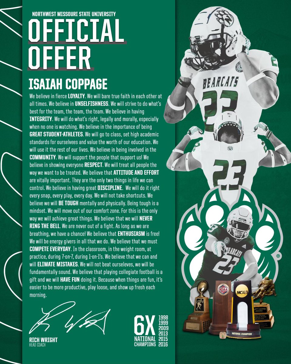 coppage_isaiah's tweet photo. I am blessed to receive an offer to play college football at @NWBearcat_FB !!#GoCats ⚪️🟢 @CoachTSturdy @zmart_15 @CoachWrightD @grunny61 @coachjonholmes https://t.co/6I5nO4cN5Q