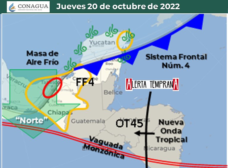 AlertaGt502's tweet photo. Actualización 18/10
La Conagua mantiene pronóstico de acercamiento e ingreso del #FF4 al norte de C.A también la llegada de la #OT45 entre el 20 y 21/10 en interacción con la #VaguadaMonzónica generará temporal de lluvias al norte, BocaCosta y Costa Sur
@ReportoCA @ReporteNi https://t.co/QcnFoW5O1L