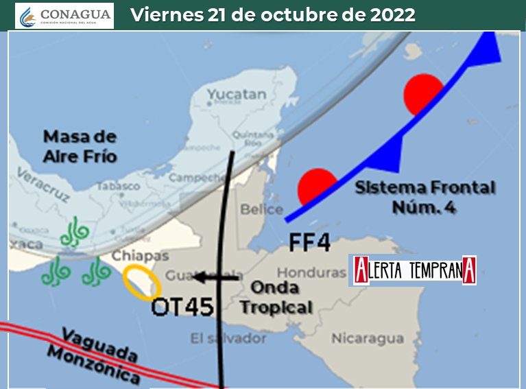 AlertaGt502's tweet photo. Actualización 18/10
La Conagua mantiene pronóstico de acercamiento e ingreso del #FF4 al norte de C.A también la llegada de la #OT45 entre el 20 y 21/10 en interacción con la #VaguadaMonzónica generará temporal de lluvias al norte, BocaCosta y Costa Sur
@ReportoCA @ReporteNi https://t.co/QcnFoW5O1L