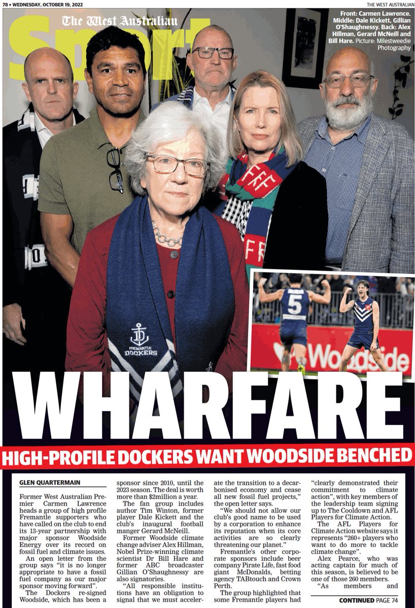 The @westaustralian normally give @WoodsideEnergy an easy run, but not today.

On the back page, @freodockers legend Dale Kickett and high-profile fans call on the club to #givewoodsidetheboot