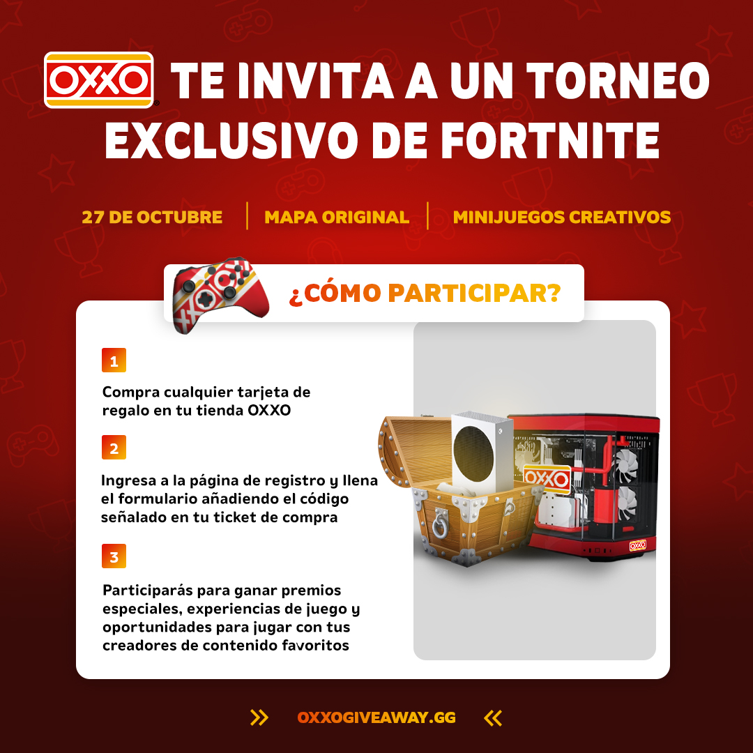 Tiendas_OXXO's tweet image. Descubre cómo asistir al Torneo exclusivo de Fortnite de OXXO, donde podrás retar a tus influencers favoritos y ganar increíbles 🎁. ¿Aceptas la misión?  👉 bit.ly/3SeuTia 🎮 #OXXOALaVueltaDeTuVida