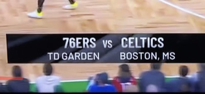dantobinTheBlah's tweet photo. TNT just listed the Celtics game as taking place in “Boston, MS.” Massachusetts is MA, MS is Mississippi. #Celtics #nba https://t.co/fgVhZjn6Ug