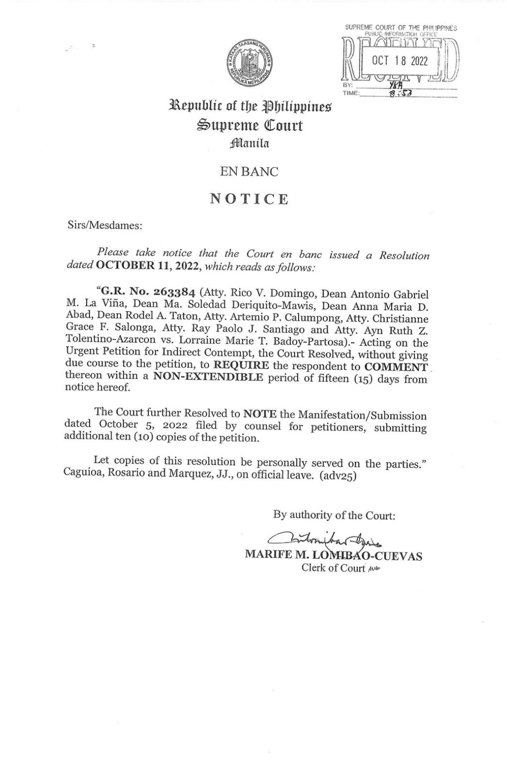 Philippine Supreme Court Public Information Office on X READ The Court en banc s Resolution in G.R. No. 263384 Domingo et al. v Badoy Partosa https t NNcUX1V9tC X
