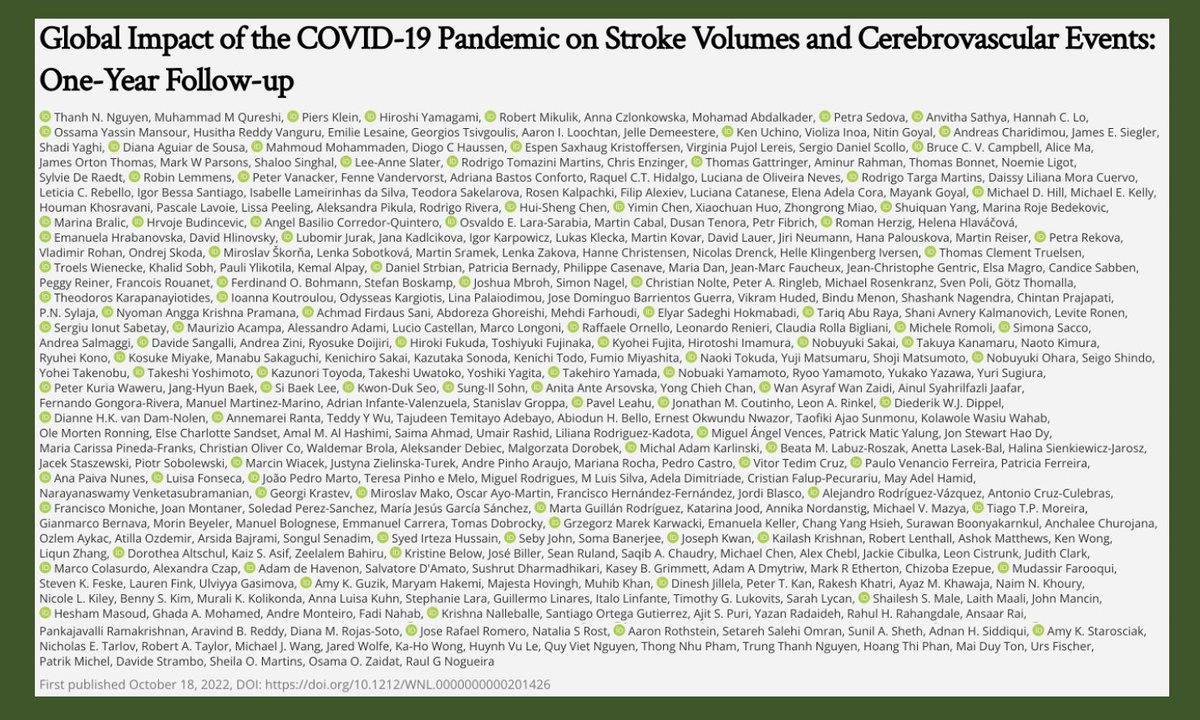 Global Impact of #COVID19 on Stroke Volumes and Cerebrovascular Events: 1-Yr Follow-up 

<a href="/RaulNogueiraMD/">Raul G Nogueira, MD, FAHA, FSVIN</a> MMQ <a href="/PiersKlein/">Piers Klein</a> <a href="/JSVIN_2018/">JSVIN</a> <a href="/AbdalkaderMD/">Mohamad AbdalKader</a> <a href="/sedovapetra/">petra sedova</a> <a href="/AnvithaSathya/">Anvitha Sathya</a> <a href="/ossama_mansour/">ossama yassin mansour</a> <a href="/JimSiegler/">Jim Siegler (@jimsieglermd.bsky.social now)</a> <a href="/ShadiYaghi2/">Shadi Yaghi</a> <a href="/VirgiPL/">Virginia Pujol Lereis, MD🇦🇷</a> <a href="/Anna_Ranta/">Prof Anna Ranta</a>  n.neurology.org/content/early/…