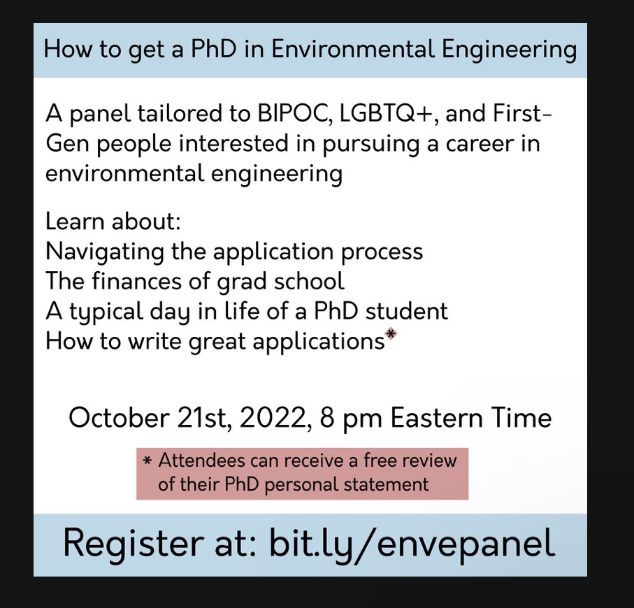 EdwardApraku's tweet photo. Interested in getting a PhD in Environmental Engineering? Myself and a few graduate students at Columbia and UIUC are detailing the process and taking questions! Register if you’re interested and share with anyone who may be interested! https://t.co/elNH4M8sX8