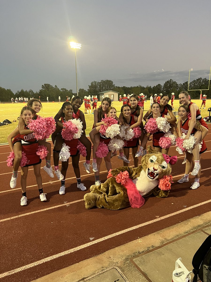 CpjhCheer's tweet photo. CPJH Cheerleaders are supporting the fight against breast cancer while they are cheering on their Coogs to Victory against WWJH!  @TISDCPJHS @cpjh_jv @CPJHAthletics https://t.co/il9pQhP0Qz
