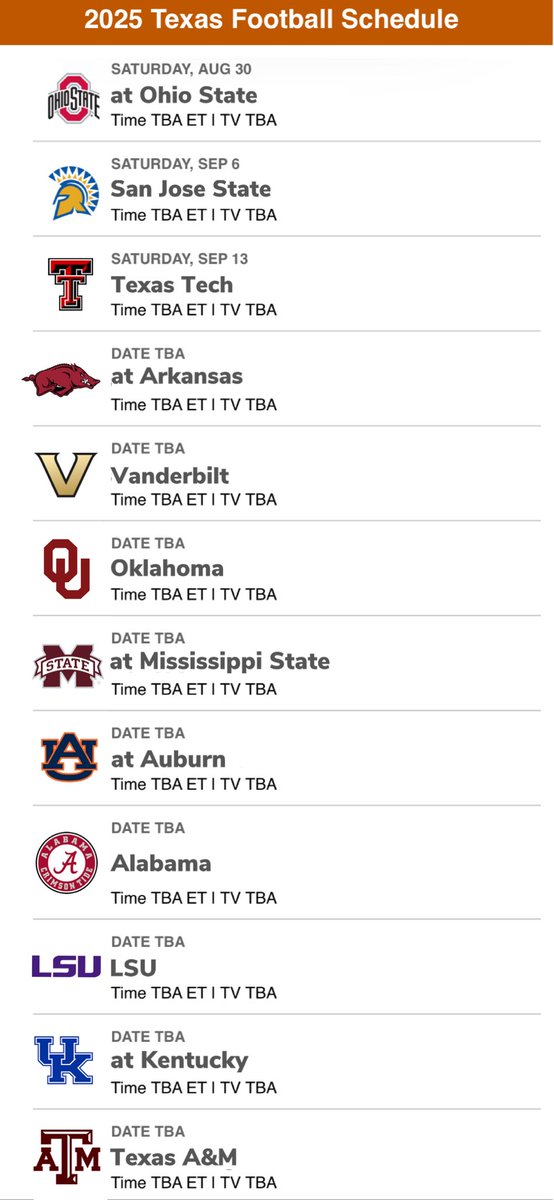 kyleumlang's tweet photo. The 2025 Texas Longhorns #CFB Schedule will be 🔥🔥🔥 https://t.co/2bUZo526Nx