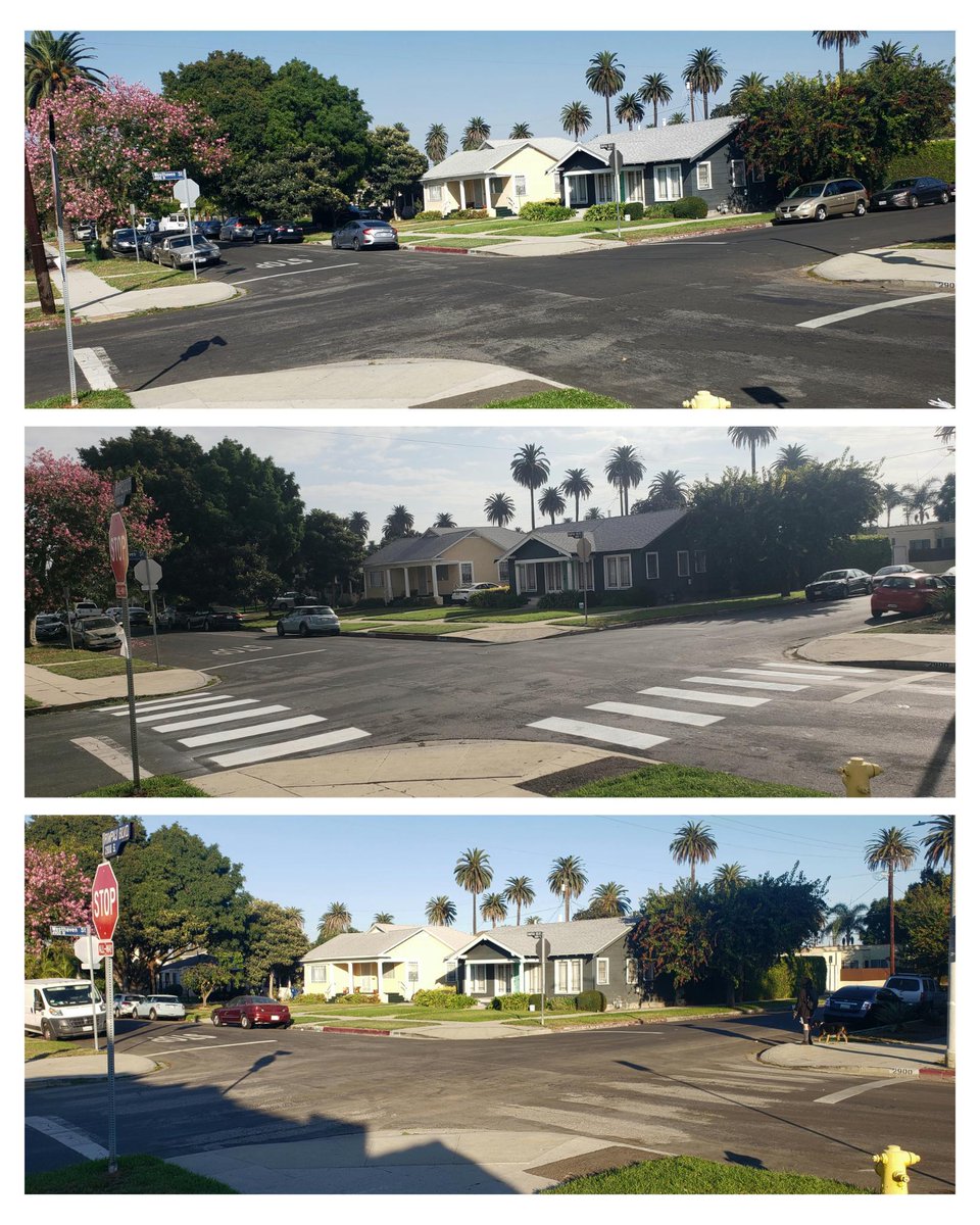 A story in 3 acts:
- Apr 3rd community request: "we desperately need a crosswalk painted here"
- Sept 30th: CCLA paints two crosswalks
- Oct 18th: LADOT removes both crosswalks

We will not be deterred and will continue painting. If the city doesn't keep us safe, we keep us safe.
