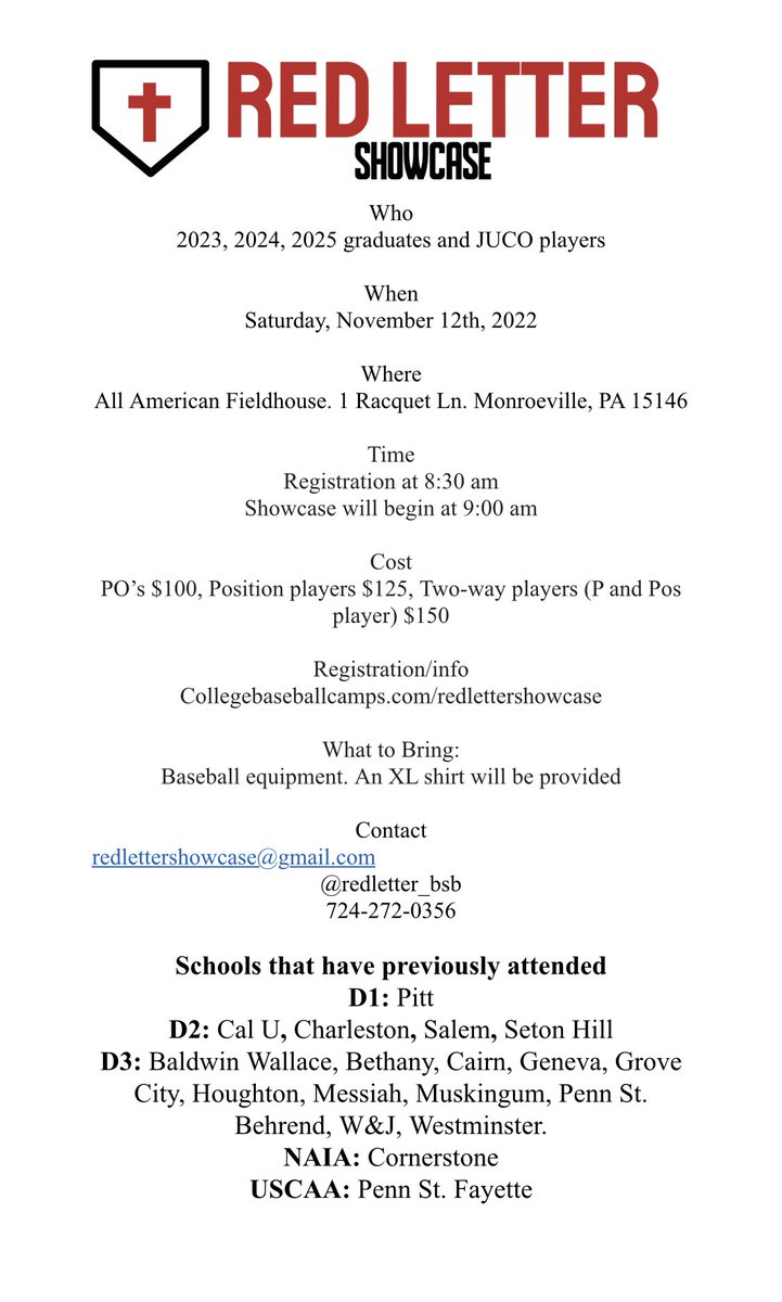 There's still time to register for our showcase on Saturday, 11/12 at <a href="/All_AmericanFH/">All American Field House</a>! 

info.collegebaseballcamps.com/redlettershowc…