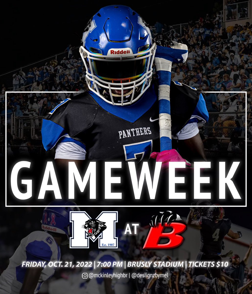wearemckinley's tweet photo. We're on the road this week as we take on @bruslypanthers for their 2022 Homecoming Game!💙🐾🫣🏈
#gobigblue #wearemckinley #mckinleyhigh #highschoolfootball https://t.co/Z0XjuZl6ln