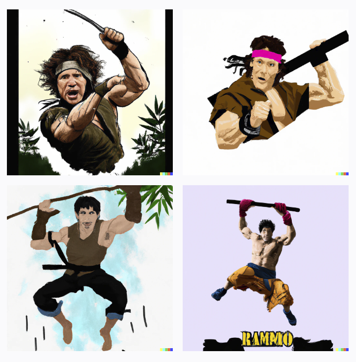 allanharding's tweet photo. Text prompts...
A.I.: "Start with a detailed description"
me: "who does Rambo's stunts as digital art"
A.I.: "RAMMO!"
#dalle2 #AIart #aiartcommunity #aiartist #rambo #rammo https://t.co/fPgbLXTAAe