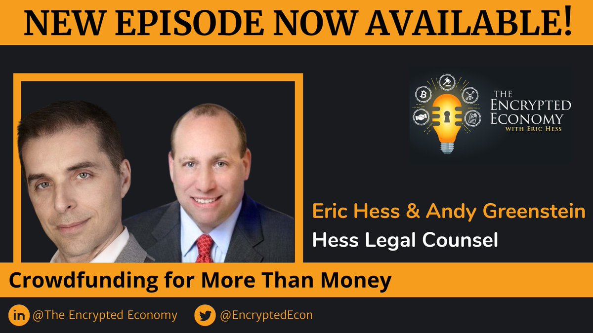 NEW EPISODE NOW AVAILABLE!

This week's special guests: <a href="/hess_legal/">Eric Hess</a> and Andy Greenstein from Hess Legal Counsel join us to discuss...

CROWDFUNDING FOR MORE THAN MONEY

Tune in on your favorite #podcast app!
lnkd.in/eFkpZQgB

#SEC #Securities #SecuritiesLaw #Crowdfunding