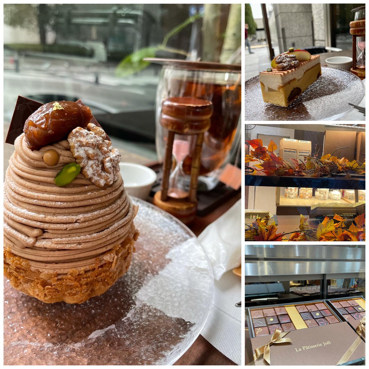 その後隣のケーキ屋さん
ジョエルさんへ

わたしはモンブラン
友は和栗のケーキ
アールグレイと共に

モンブランめちゃ大きい🌰
土台はタルトでわたし好み♡

お持ち帰り
(お写真なし)
シュークリームはラム酒？が効いてるカスタード
プリンは麹？今まで食べたことない味

美味し楽しかったあ🍒