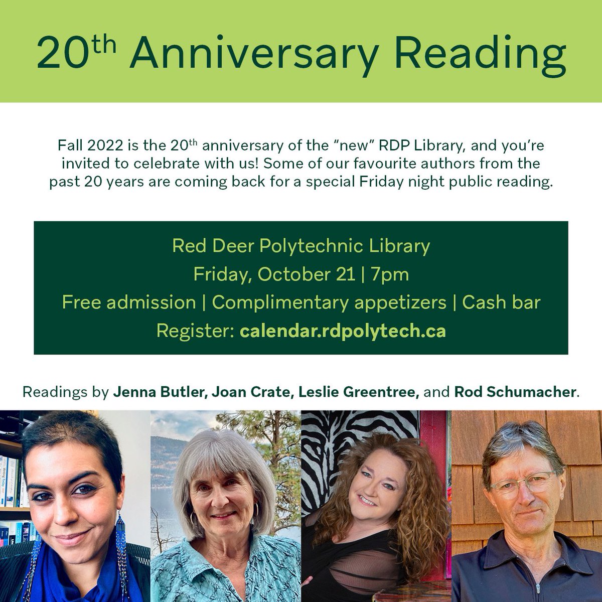 Did I tell y’all I’m reading in Red Deer this Friday night @RedDeerPolytech library? Reuniting with my good friends Jenna Butler, Joan Crate and Rod Schumacher, back where it all started. Please join us! Free admission, cash bar. bit.ly/3VEkPlt